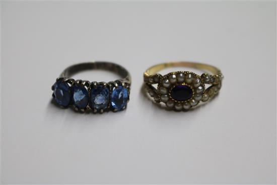 Two Victorian gem set rings including four stone sapphire and amethyst and split pearl.